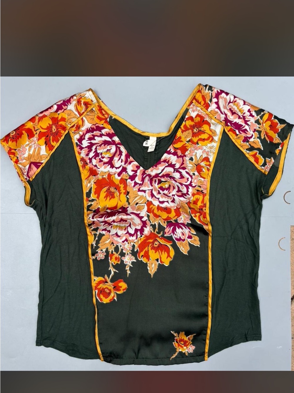 Anthropologie Black V-Neck Tunic with Orange & Pink Floral Panels